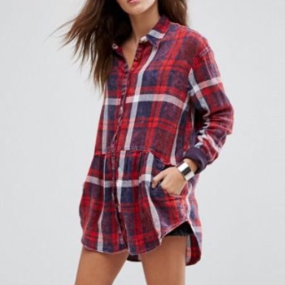 Free People Red and Blue Plaid Tunic